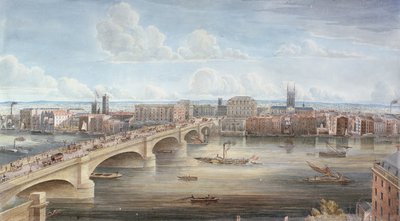 Eine weitere Ansicht der neuen London Bridge, zeigt die Westfront, Blick nach Southwark, und gibt eine entfernte Ansicht von Surrey, 1838 von Gideon Yates